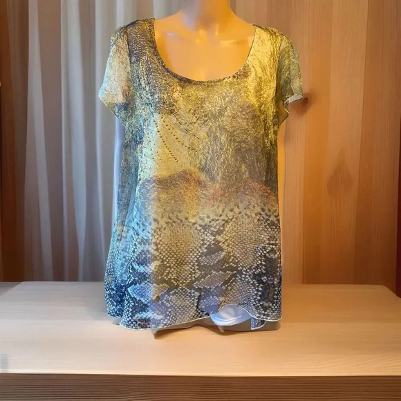 Apt 9 Gold Embellished Top Women's 1X Snakeskin Print Flutter Sleeve Fairy Boho - Picture 1 of 11